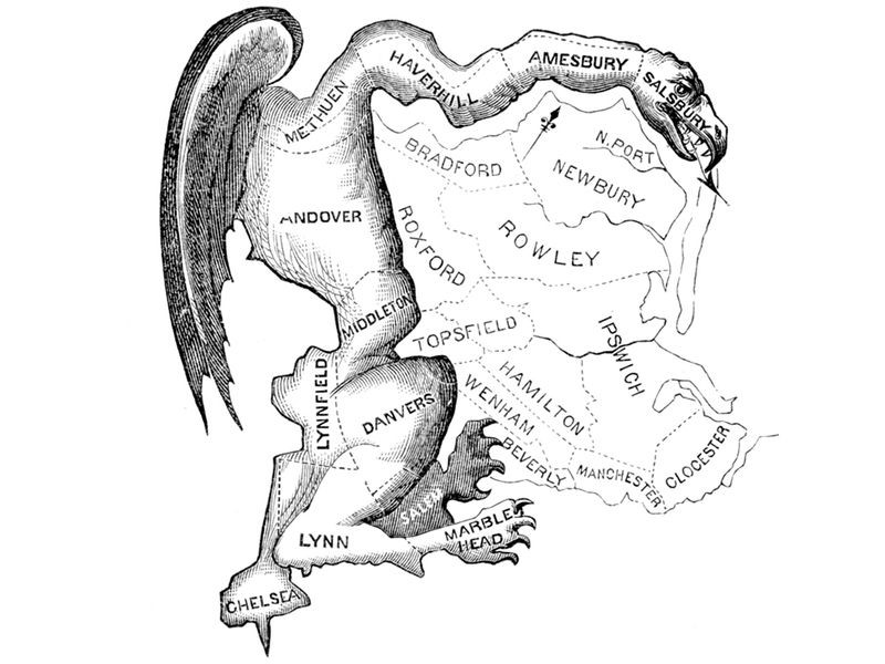 A map of Massachusetts in 1812 showing the unusual district shape with a salamander drawn over it.