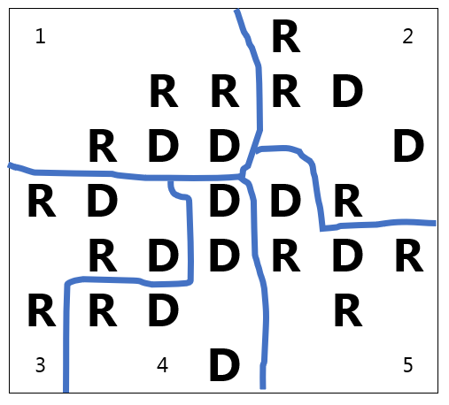 A map with 5 districts drawn; Districts 1, 2, 3 and 5 have 2 D's and 3 R's; District 4 has 4 D's and 1 R.