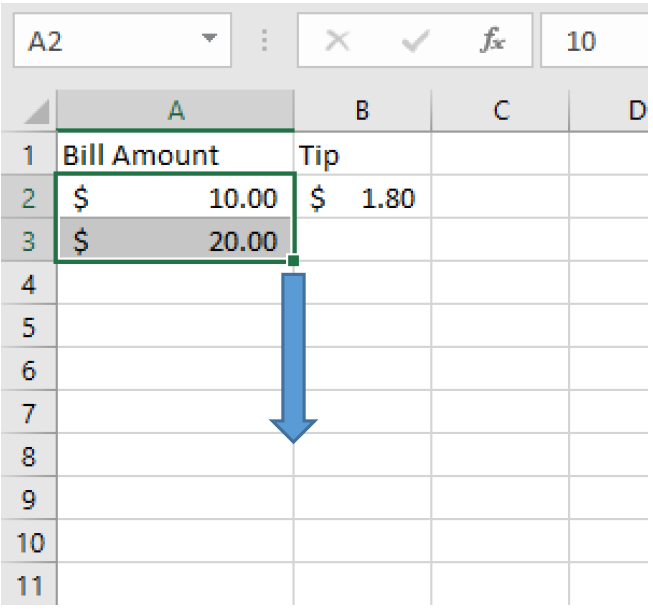 A spreadsheet showing the fill-down feature; cells A2 and  A3 are highligted for the pattern and there is a down arrow by the small square to drag down.