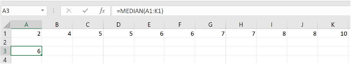 A screenshot of Excel showing the =MEDIAN formula typed in with the cell references. The data is in row 1