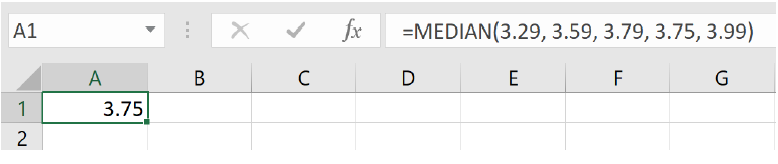 A screenshot of Excel showing the =MEDIAN formula with all the data values typed in.