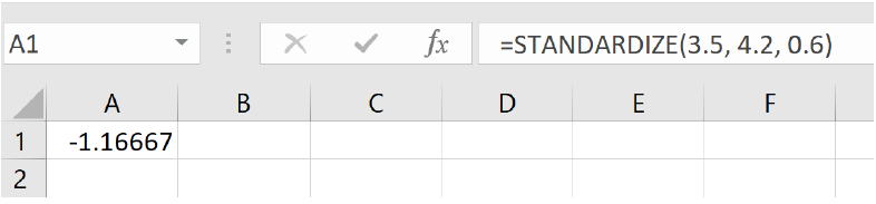 a screenshot of a spreadsheet showing the =STANDARDIZE formula.